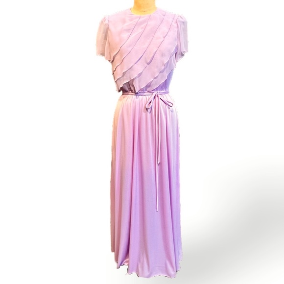 VINTAGE waterfall ruffle dress formal gown chiffon lavender 60s 70s mid century - Picture 6 of 15
